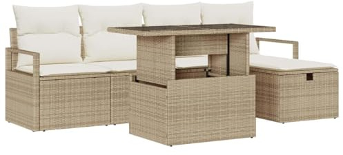 vidaXL 6-teiliges Garten-Sofa-Set mit Kissen in Beige aus Poly Rattan. Perfekt für bis zu 5 Personen. UV-beständig und bequem – ideal für Terrasse, Balkon oder Lounge-Möbel im Garten.
