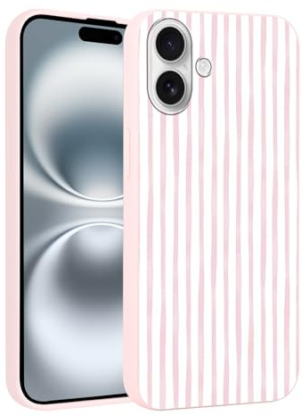 Yirlbey Été Coque pour iPhone 16 6,1'', Housse Rose Silicone avec Rose et Blanc Stripes Striped Aesthetic Dessin Motif Design, Étui pour Fille Ultra Fine TPU Souple Antichoc Protection Case, Rayures