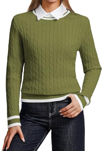 YUNDAI Womens Jumpers Casual Long Sleeve Crewneck Lightweight Ribbed Knit Contrast Color Sweater Ladies T-Shirts Tops for Women Spring Fall, X-Large Army Green