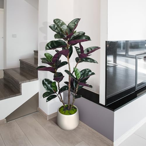 4.5FT Artificial Rubber Tree - 54.5 Inch Tall Fake Plant Indoor Faux Tree with Bendable Branches & Realistic Leaves, Faux Floor Plant for Home Office Decor in White Pot