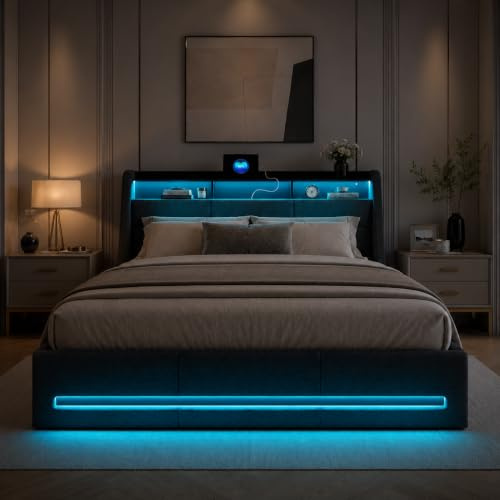 Letto Matrimoniale con Contenitore 140x190, Letto Imbottito con LED letto Contenitore con Presa USB Letti una Piazza e Mezza con contenitore Struttura Letti con Testiera Imbottita (Grigio + Lino-A)
