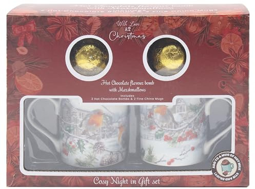 The Leonardo Collection Christmas Robins Set Of 2 Mugs With 2 Chocolate Bombs Gift Set for Hot Drinks | Reusable Fine China Coffee Cups for Kitchen & Home | Durable Printed Tea Mugs for Every Occasion