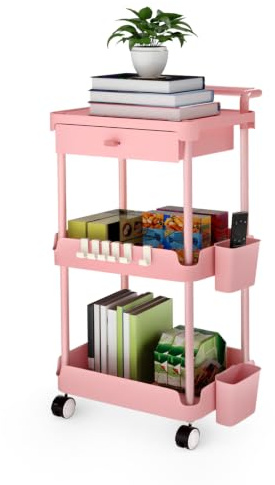 Levede Storage Trolley on Wheels, 3-Tier Kitchen Trolley with Plastic Drawer & Lockable Wheels – Beauty, Craft & Utility Trolley for Home, Bathroom, Office – Snack Cart, Makeup Organiser, Pink