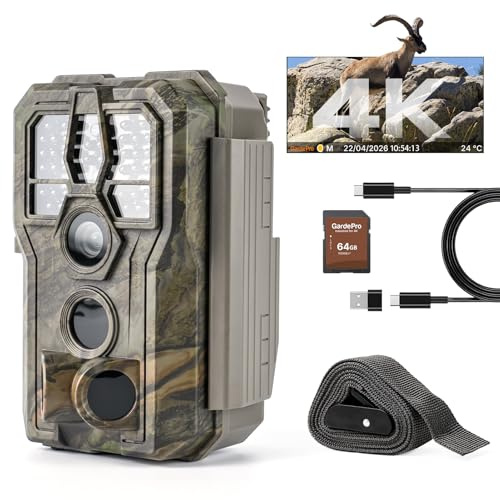 GardePro E5 2.0 4K Wildkamera mit 64GB SD-Karte | 64MP Wildkamera mit bewegungsmelder nachtsicht, 0,1s Auslöser, 30m no-Glow Nachtsicht, IP66 wasserdicht