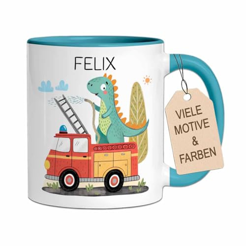 Personalisierte Kindertasse aus Keramik mit Namen | Tasse mit Retro Tier-Motiv als Geschenk für Jungen & Mädchen zu Geburtstag, Einschulung (Feuerwehr, Blau)