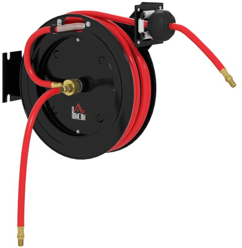 HOMCOM Automatik Druckluftschlauchtrommel 15m+1m Druckluftschlauch | 1/4' Anschluss, 9,5 x 15,8 mm Durchmesser, Max. Druck: 20 bar, Schlauchbremse, Schlauchaufroller Wandhalterung