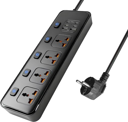 Steckdosenleiste Universal Mehrfachsteckdose mit Schalter, EU Multi Plug Adapter, 4-Wege-Steckdosen, 4-USB-C-Ports, 2-USB-Port, 3000W Einzelschalter, 1.8M Verlängerungskabel, Geschützten Stromstreifen