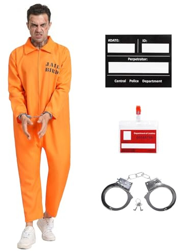 Harsever Häftling Kostüm Herren,4pcs Sträfling Kostüm Prisoner Costume Orange Overall mit Handschellen Informationstafel Kartenhülle,Karnevals Gefangener Kostüm für Erwachsene