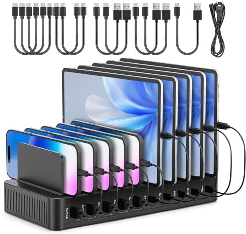 HISUEKIG Station de Chargement USB, Station de Recharge 10 Ports 15W avec 10 Câbles, Support Chargeur Telephone,Station de Charge Telephone Portable (Noir)