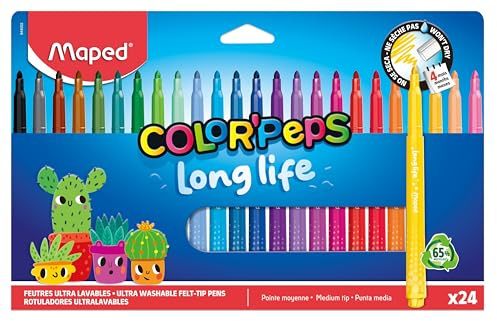 Maped - Color Pep's Long Life Filzstifte – für die Schule – waschbare Filzstifte mit blockierter Spitze – trocknet nicht ohne Kappe – leuchtende Farben – hervorragende Deckkraft – 24 Stück