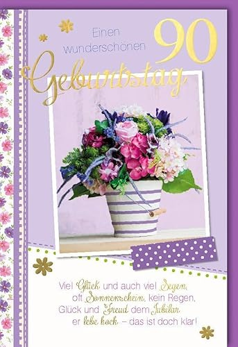 Geburtstagskarte zum 90. für Senioren - zum 90. - Stilvolle Karte mit Blumenstrauß, Lila & Gold Akzenten - Klappkarte mit Umschlag mit Folienprägung