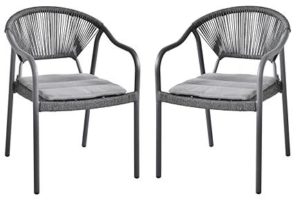 DELUKE Gartenstuhl 2er Set Laura - Seilbespannung, Aluminium, Anthrazit | Stapelstuhl Wetterfest Gartenstühle Outdoor Essstühle
