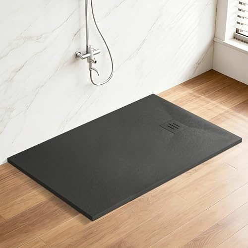 1700 x 900mm Rectangular SMC Shower Base Tray Anti Slip Black | Slate Effect Surface with Slip Resistance, 32mm Height, for Walk-In Wetroom & Shower Enclosure, High Load 300kg Capacity