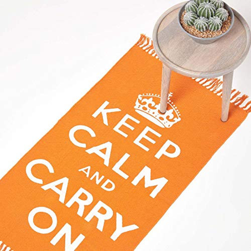 Homescapes Webteppich Keep Calm and Carry On orange-weiß 60x100 cm, Baumwollteppich handgewebt mit Fransen, handbedruckt mit Spruch & Krone