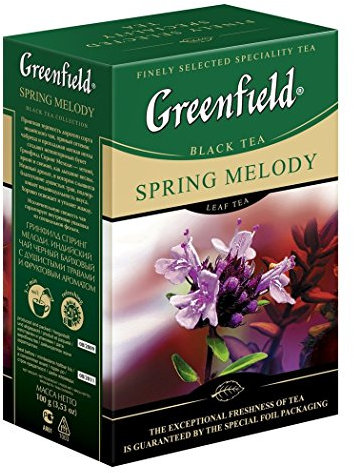GREENFIELD Spring Melody | Té negro aromatizado con grosella negra, menta y tomillo | Té de hojas sueltas | Té negro con sabor a hoja | lote de 100 g | 60 tazas