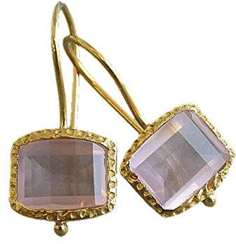Rose Quartz Gold Plated Sterling Silver Drop Earrings - Natural Gem Gemstone - Pink Stone - Birthday Valentine's Mother's Day Gift - Handmade Jewellery Gifts for Women (rose-quartz)