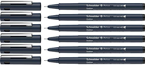 Schneider Pictus Fineliner (Strichstärke 0,3 mm, dokumentenechte Pigmentliner, metallgefasste Spitze, Gehäuse aus 85% recyceltem Kunststoff) 6er Pack, schwarz