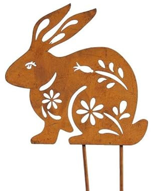 RiloStore Gartendeko Metall Hase Rostdeko Edelrost braun Metalljhase Stecker 20cm Osterhase Dekohase Metallhase nr05 flachsitzend
