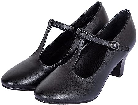 Asyusyu Character Shoes Women T-Strap Closed Toe Latin Salsa Tango Dance Practice Shoe Student Footlight Dance Shoes, Black, 2.36 Heel, 7M