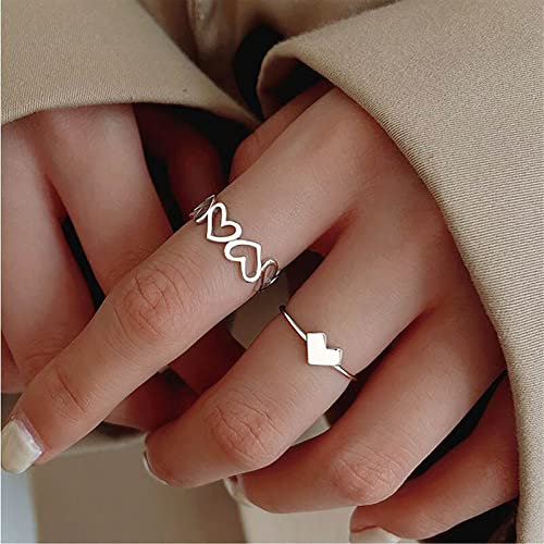 TseenYi Boho Love Heart Knöchelringe Set Offene verstellbare Stapelringe Hohles Herz Midi Fingerringe Silber Herz Gliederringe Sommer Strand Schmuck für Frauen und Mädchen (2 Stück)