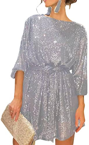 FeMereina Women Long Sleeve Sequins Glitter Dress Party Sparkle Loose Fit Shift Mini Short Dress with Belt (Silver, L)