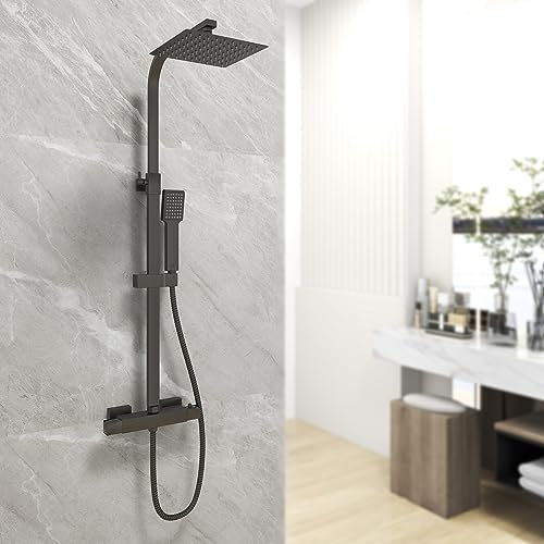 Huibathroom Thermostatic Mixer Shower System Matte Black Square Bathroom Exposed Twin Head Set