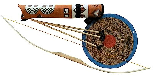 Kinderbogen 80 cm mit Zielführungsloch + 3 Pfeilen + Indianerköcher + Stroh-Zielscheibe Bogensport