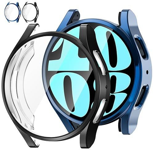 Jvchengxi Coque Protection 44mm pour Samsung Galaxy Watch 6, Housse de Protection Complète Flexible TPU Etui Couverture Protecteur D'écran Antichoc pour Galaxy Watch 6 44mm (Noir+Bleu nuit)