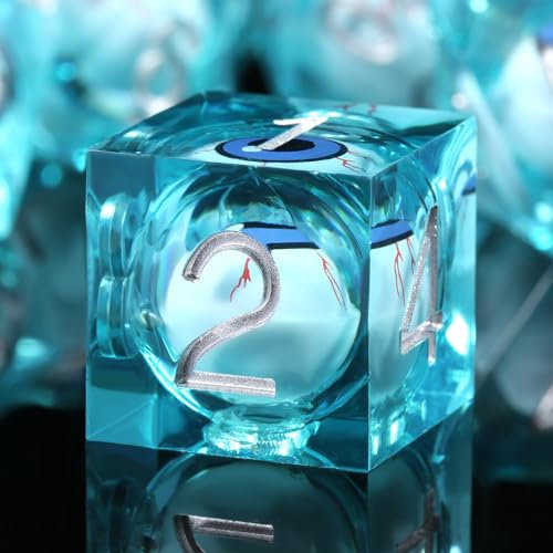 DNDND Dice Eyeball Liquid Sharp Edge Resin DND Dice with Gift Case for Dungeons and Dragon Game (Blue with Eyeball)