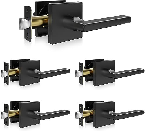 VEVOR 5 Paires de Poignées de Porte Intérieure en Noir Mat Poignée de Porte sans Serrure Béquille Réversible Droite-Gauche Sans Verrouillage Ouverture par Une Rotation à 45° pour Couloir Salon Cuisine