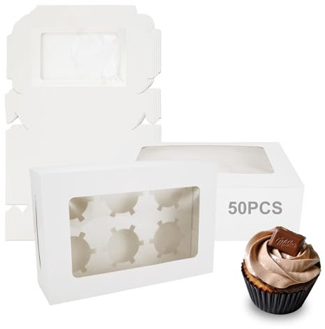 SHUESS 50 Pack 6 Hole Cupcake Boxes with Clear Window - White Cup Cake Boxes - 24 x 16 x 7.5 cm Dessert Box with Removable Inserts, Ideal for Cakes, Cupcakes, Muffins, Pies, Pastries, and Doughnuts