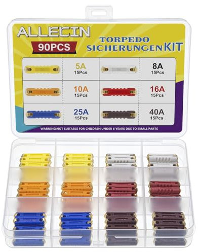 ALLECIN 6 Valeurs Fusible Torpille Voiture 5A 8A 10A 16A 25A 40A Kit de Fusibles Stéatite Torpedo Continentaux Fuse pour Voitures Anciennes (Paquet de 90 pièces)