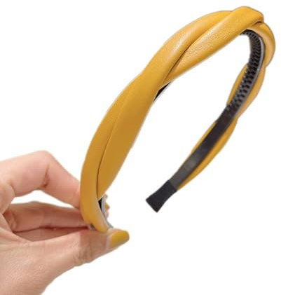 Leder-Stirnband,Zweisträngiges Geflochtenes Stirnband für Damen,Rutschfestes Elastisches Haarreifen,Stirnbänder mit Zähnen Dünne,Haarreif Haarschmuck für Damen und Mädchen,Gelb