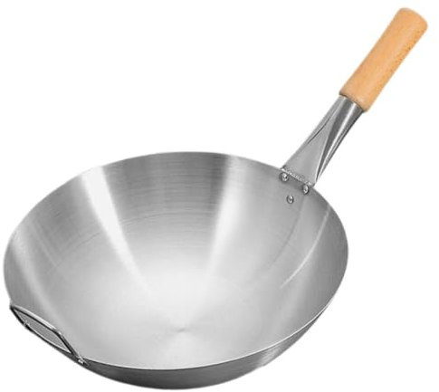 BESTonZON Edelstahlpfanne Edelstahl-Wok 13 Pfannen Chinesischer Wok Mit Holz- Und Stahl-Hilfsgriff Für Induktion Elektro Gas Alle Herde (13 Zoll Runder Boden) Bratpfanne