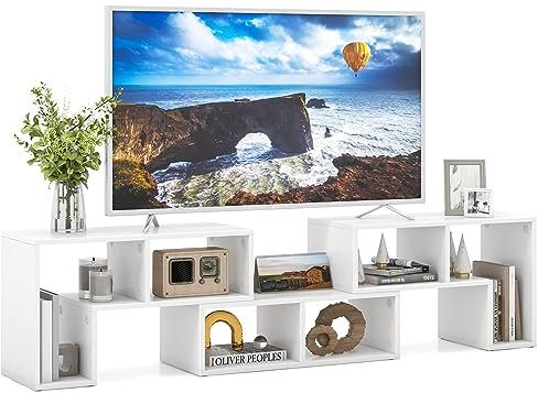 GYMAX 3 en 1 Meuble TV Ajustable avec Support Rectangulaire et 2 Supports en Forme de L, Meuble TV Compartiments Ouverts et Combinaison Libre, Charge Maximale 80KG (Blanc)
