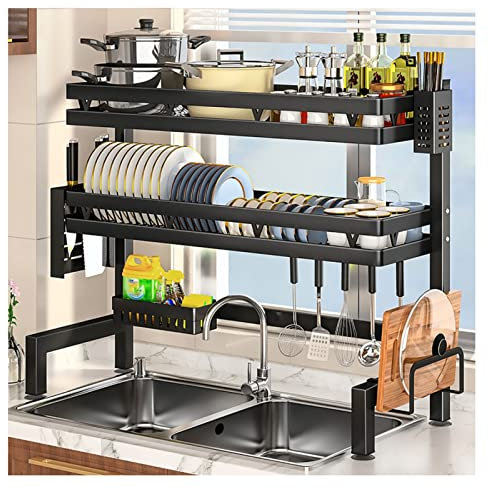 Escurreplatos para encimera de Cocina de 2 Capas, escurridor de Platos Encima del Fregadero, con Cesta de Frutas y Estante para Almacenamiento de Utensilios (Negro 75x28x82cm)