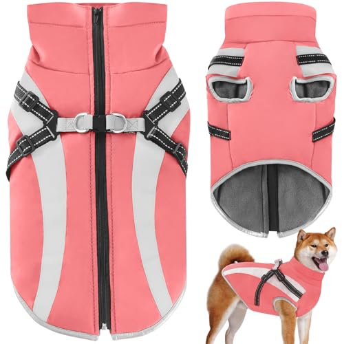 Oslueidy Wasserdichter Hundemäntelmit Geschirr Winter Warme Hundejacke Winddichte Haustier Kleidung Schneeanzug Hundejacken für Kleine Mittlere Große Hunde