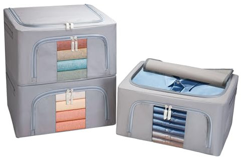 Cong.Lai 3 pezzi Scatole per Armadio Rigide con Cerniera 108L: Organizzatore Armadio con Struttura in Metallo Pieghevole - Contenitori per Armadio Salvaspazio Impilabili Vestiti Trapunte (Grigio 36L)