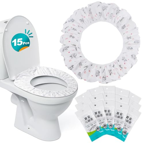 RAINFLOW 15pcs Disposable Toilet Seat Cover - Waterproof Travel Toilet Mats | Printed Individually Wrapped Non-Woven Covers for Public Restrooms Toilets, Hotel Hospital Bathroom, Travel Hygiene Supplies