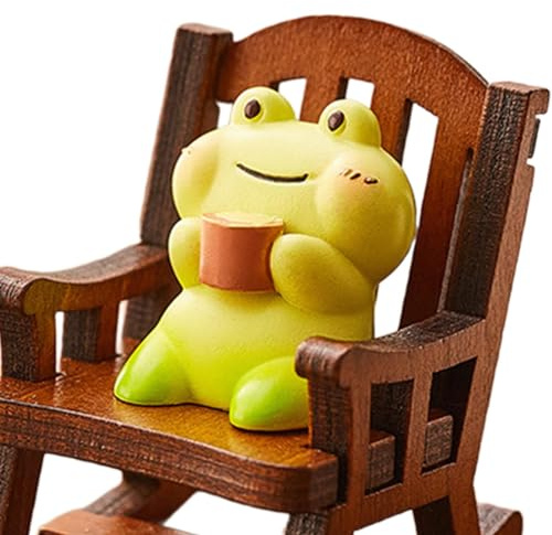 Vellichor Europe Miniature Frog Figurine with Wooden Rocking Chair – Cute Statue for Desk, Shelf & Home Décor – Shelf or Desk Ornament – Funny Frog Gift for Collectors, Animal Lovers & Unique Decor