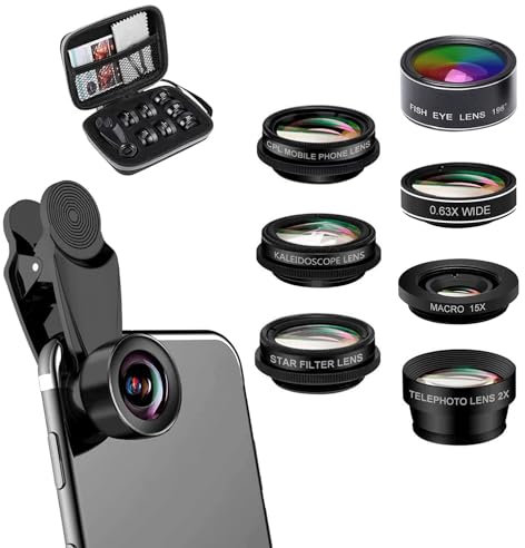 7-in-1-Objektiv-Set für Handy, 0,63 x Weitwinkel, 15 x Makro, 198 ° Fisheye, 2 x Portrait, CPL, Kaleidoskop-Objektiv, Starlight-Objektiv, 7-in-1 Smartphone-Objektiv