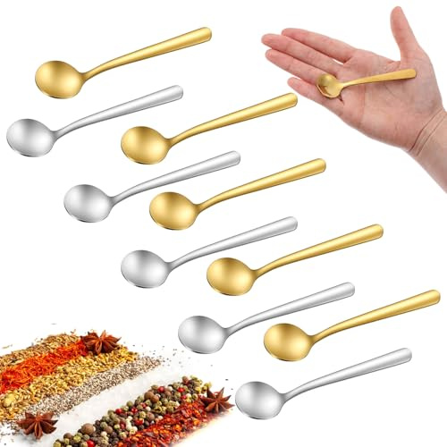 10 Pcs Tiny Spoons for Spices, Small Size 3.5 Mini Stainless Steel Salt Spoons for Jars Spice Jars, SUS 304 Food Grade Seasoning Spoon for Salt Sugar Coffee Powder Dessert Caviar (Gold, Silver)