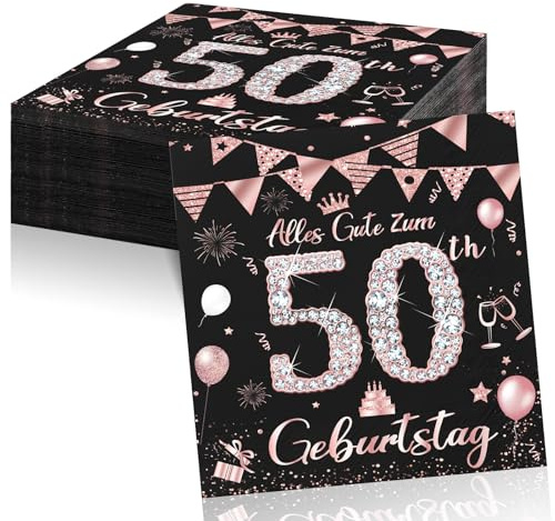 50 Geburtstagsdeko Servietten,Roségold Papier Party Servietten Tischdeko Für 50. Geburtstag Frau,40 Stück Happy Birthday Servietten Decorations 33x33cm
