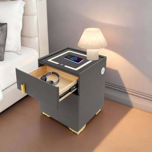 Hanmorfarbi Intelligenter Nachttisch mit Tresor, 40x40x50 cm, Bluetooth-Lautsprecher, kabelloses Laden + 2 USB, 3-farbiges Nachtlicht, Passwort-Schloss für Schlafzimmer – Grau/Weiß (Dunkelgrau)