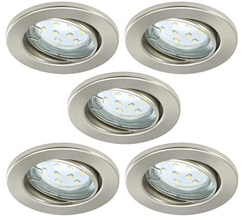 Trango 5er Set LED Einbaustrahler in Rund Edelstahl-Optik 6729-052GUSD Einbauleuchte, Badleuchte, Deckenstrahler, Einbauspots inll. 5x 3-Stufen 5 Watt dimmbar GU10 LED Leuchtmittel Deckenleuchte