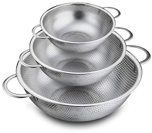 P&P CHEF Colander Set of 3, Stainless Steel Micro-Perforated Colanders Strainers for Draining Rinsing Washing, Ideal for Pasta Vegetables Fruits, Heavy Duty & Dishwasher Safe - 1/3/5 Quart