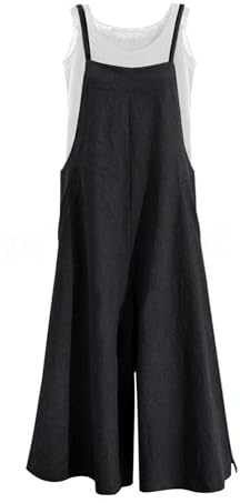 YESNO Women Casual Loose Long Bib Pants Wide Leg Jumpsuits Baggy Cotton Rompers Overalls with Pockets M PZZTYP2 Black