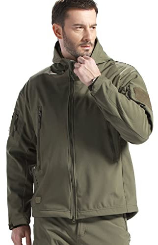 FREE SOLDIER Herren Winterjacke Military Softshell Jacken Outdoor Fleecefutter Winddichte Wasserdichte Jacke mit Kapuze Warme Taktische Jacken mit Mehreren Taschen für Jagdausflüge (Grün,L)