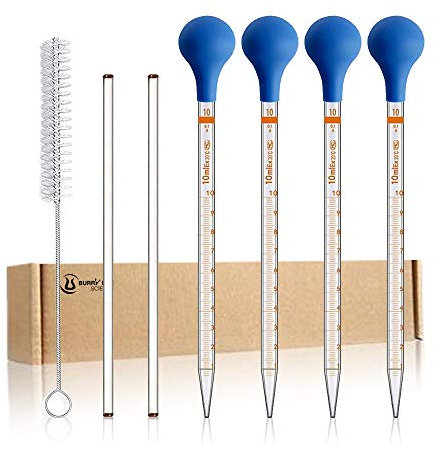 4 pipetas de cristal graduadas de 10 ml con 4 tapas de goma con 1 cepillo de gota y 2 varillas agitadoras de cristal de 20 cm (4).