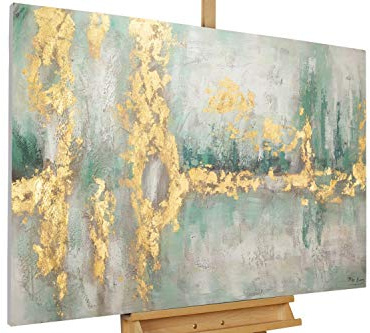 KunstLoft Tableau peinture moderne | 100% PEINT À LA MAIN | 120x80cm | Peinture sur toile 'Riverside Stroll' | Abstrait | Vert | Deco murale salon